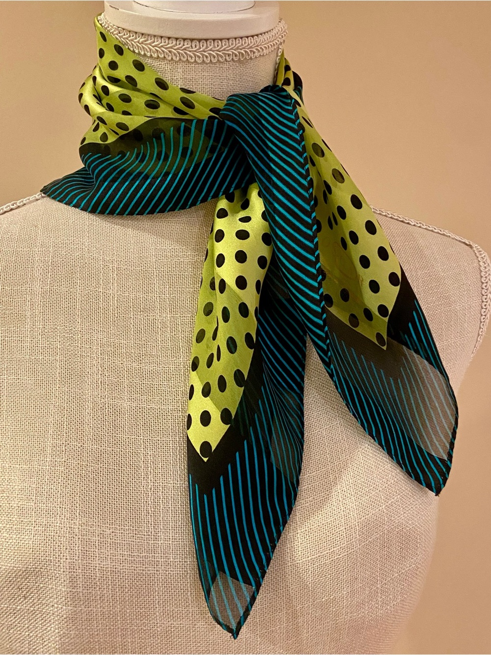 Oscar de la Renta Silk Vintage Scarf Black Polka Dots Turquoise Lime/Yellow